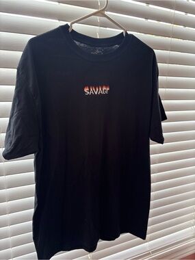 Eighty Eight Black Tee with Red-Orange Flame embroidered "SAVAGE" Chest Graphic